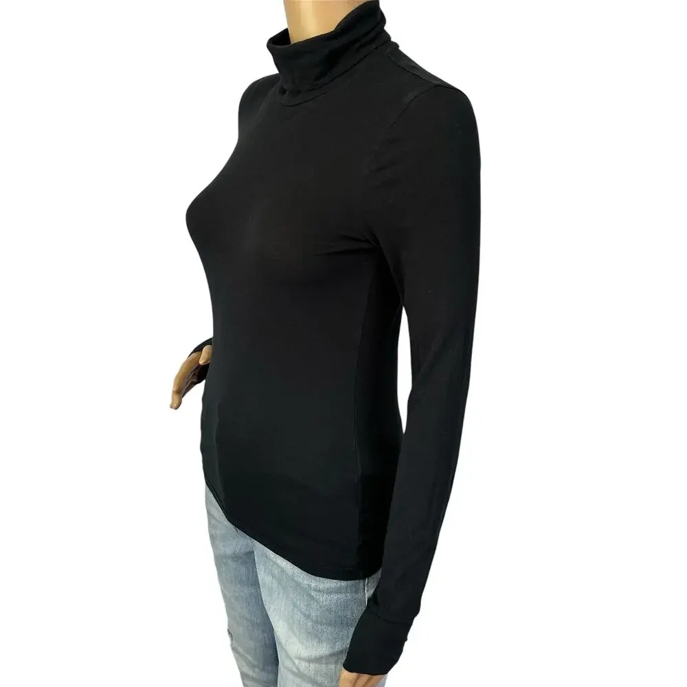 J. Crew Feather Jersey Cotton Turtleneck Top Black CN176 Size XS